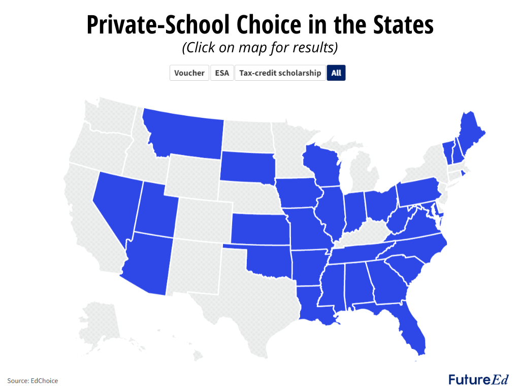 Chart thumbnail: Private-School Choice in the States. (Click on map for results).
