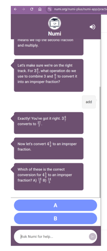 Screenshot of Numi AI tutoring students on fractions